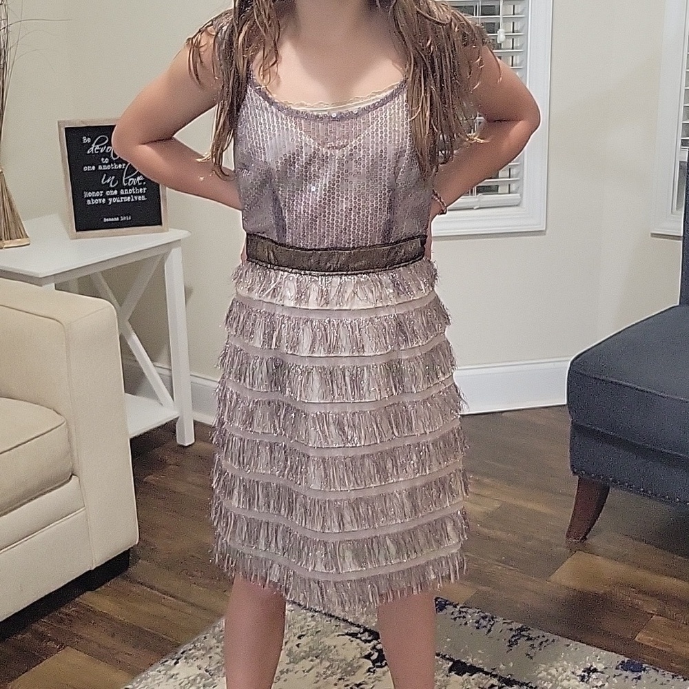 FROCK BY TRACY REESE METALLIC SILVER FRINGE RUFFLED MINI DRESS SIZE 4